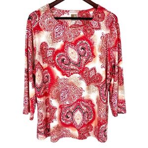 JM Collection Woman Plus Size 2X Pink Red Stretchy 3/4 Sleeve Blouse Shirt Top